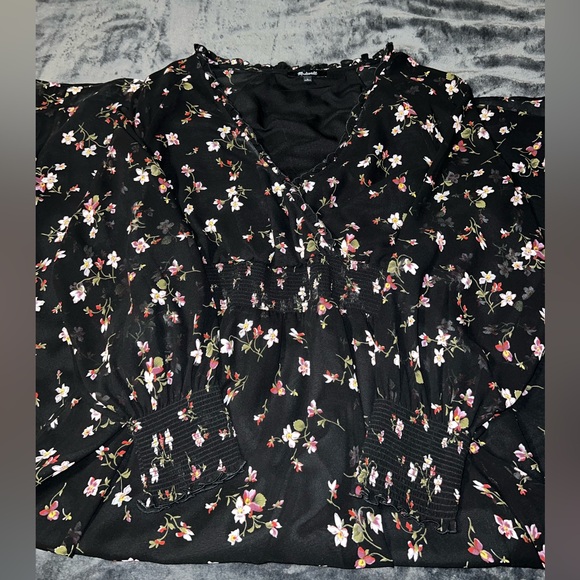 Madewell Black Floral Smocked Waist  Midi Dress/Size Large - Picture 9 of 10